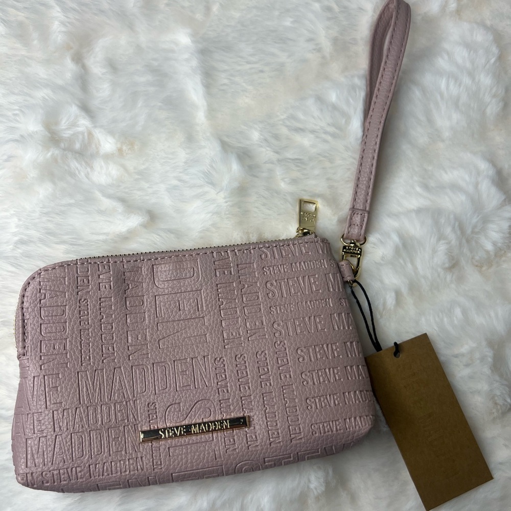 Steve Madden Wallet Stamped Logo Gold Zip Around Organizer Wristlet Nice